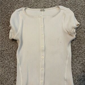 Free people Cream Button-Up Ribbed Top